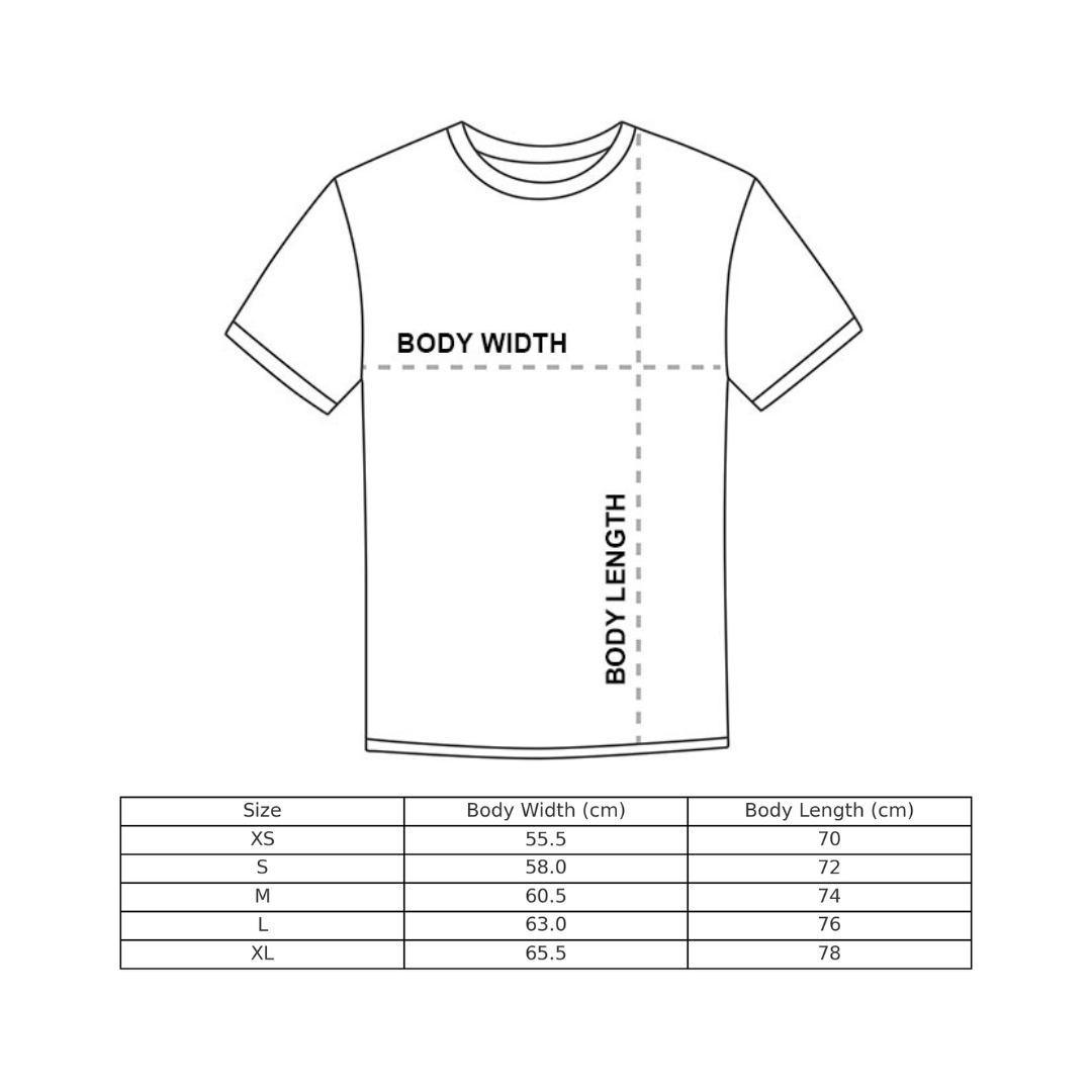 T-shirt with measurements for body width and length, and a size chart below.