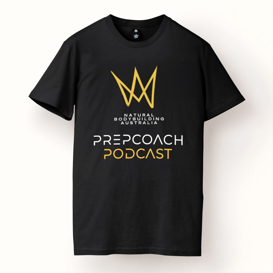 Front view of Natural Bodybuilding Australia and Prep Coach Podcast black oversized t-shirts.
