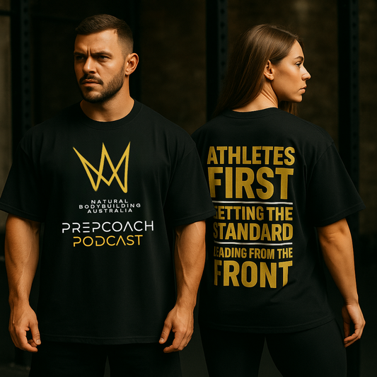 Two people wearing Natural Bodybuilding Australia and Prep Coach Podcast black oversized t-shirts.