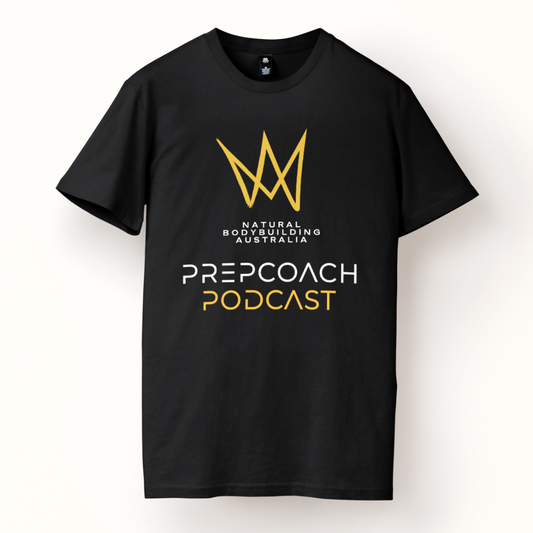 Front view of Natural Bodybuilding Australia and Prep Coach Podcast black oversized t-shirts.